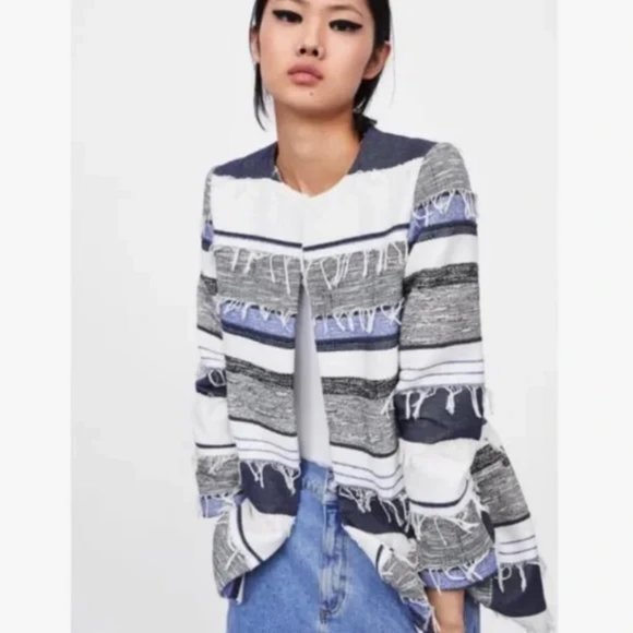 Womens Zara Basic Rustic Blue White Fringe Open Mid-Length Jacket L * - Picture 2 of 13